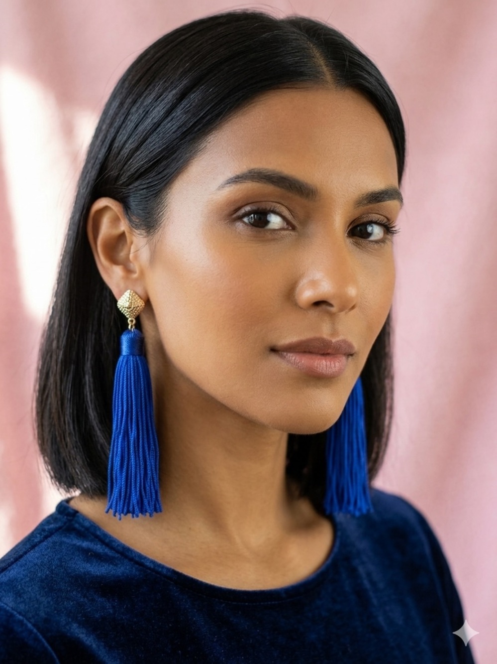 Statement Royal Blue Tassel Earrings with Gold Accents